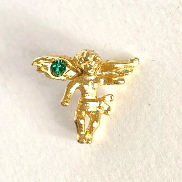 Guardian Angel Gold Tone Scatter Pin with Green Crystal Lapel Hat 1/2in Tall - Picture 1 of 5